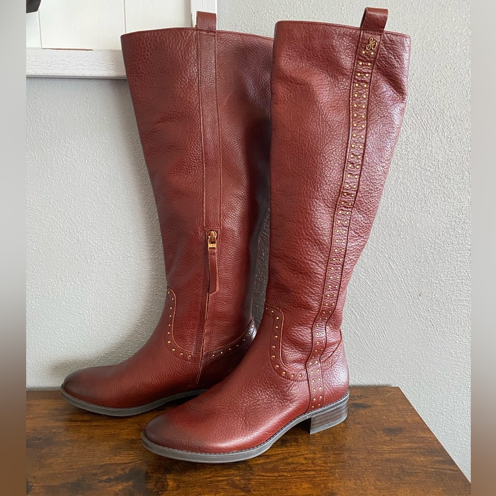 Sam Edelman Boots Size 7 Prina Tall Leather Redwood Brown Gold Studs